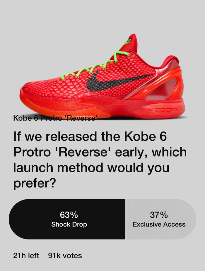 Screenshot of a poll about Kobe Bryant's sneakers on the Nike app.